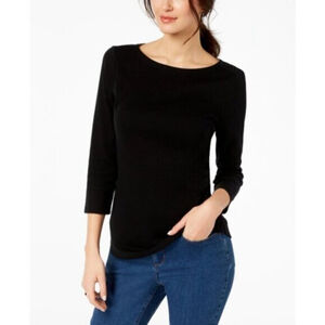 Charter Club Petite Black Pima Cotton Button-Shoulder 3/4 Sleeve Top NWT